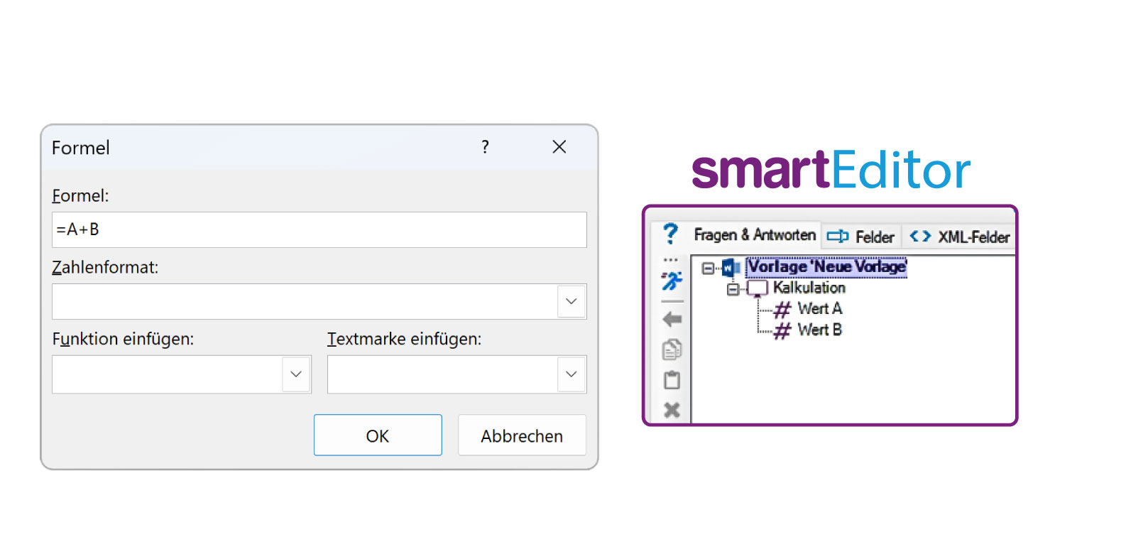 Bild vergr&ouml;&szlig;ern: Screenshot links: Anwendungsfenster "Feldfunktion Microsoft Word" Screenshot rechts: Anwendungsfenster SmartEditor SmartDocuments-Frage