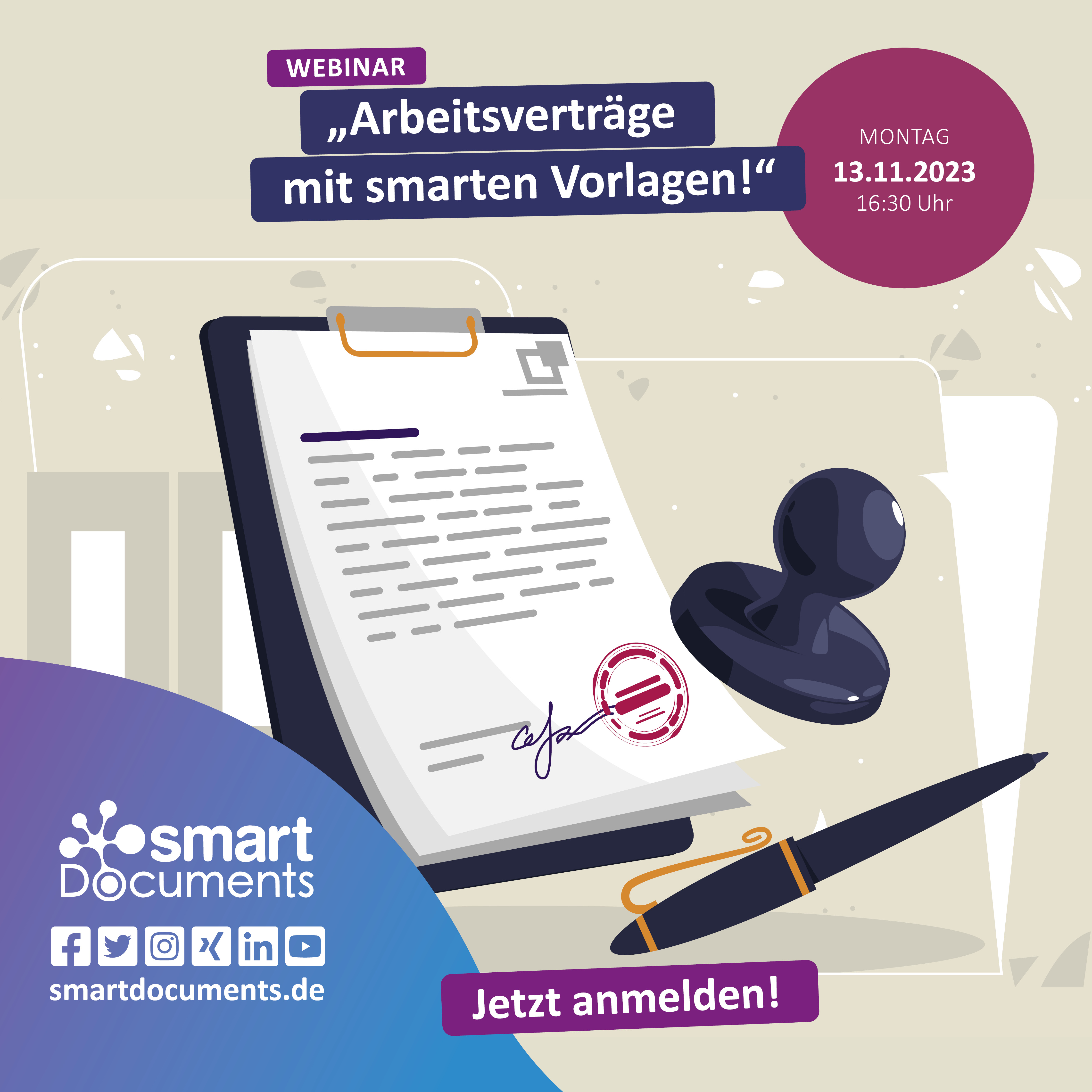 Webinar: Arbeitsvertr&auml;ge mit smarten Vorlagen am 13.11.2023 Jetzt anmelden
