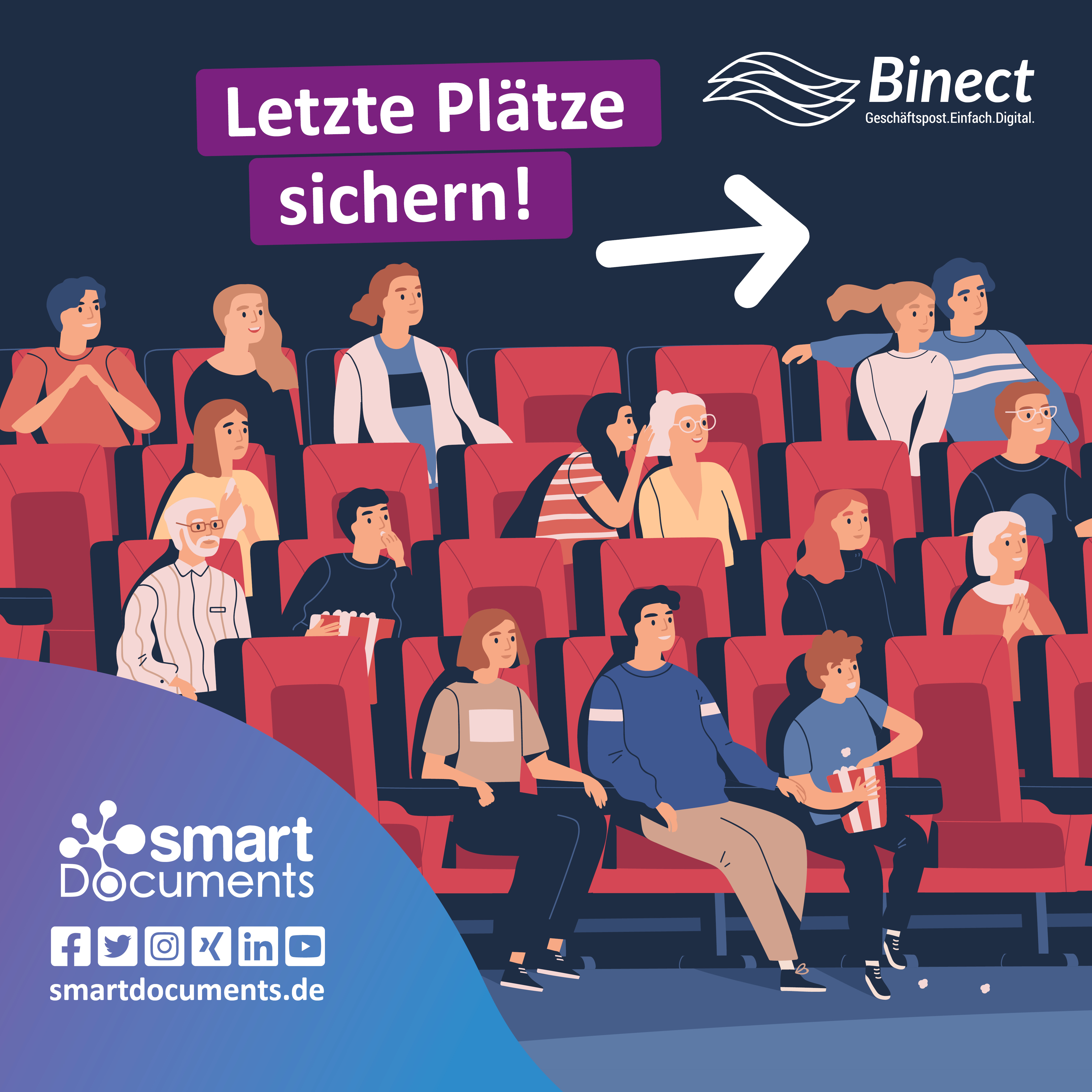 Vektorgrafik: Menschen im Kinosaal mit ein paar leeren Pl&auml;tzen und dem Slogan "Letzte Pl&auml;tze sichern!" sowie den beiden Firmenlogos SmartDocuments und Binect