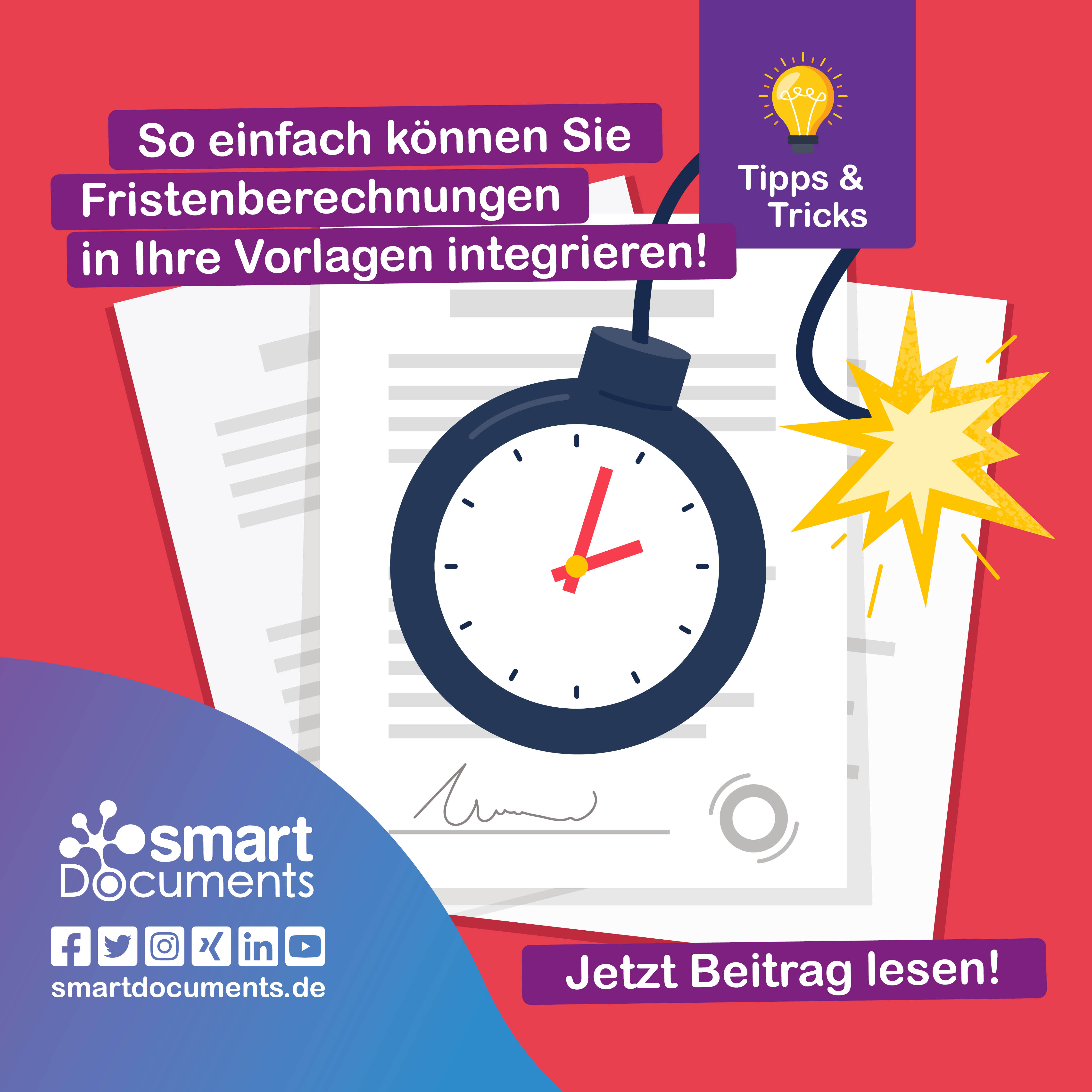 Vektorgrafik: Dokument mit Zeitbombe und dem Schriftzu "Tipps & Tricks: So einfach k&ouml;nnen Sie Fristenberechnungen in Ihre Vorlage integrieren!"
