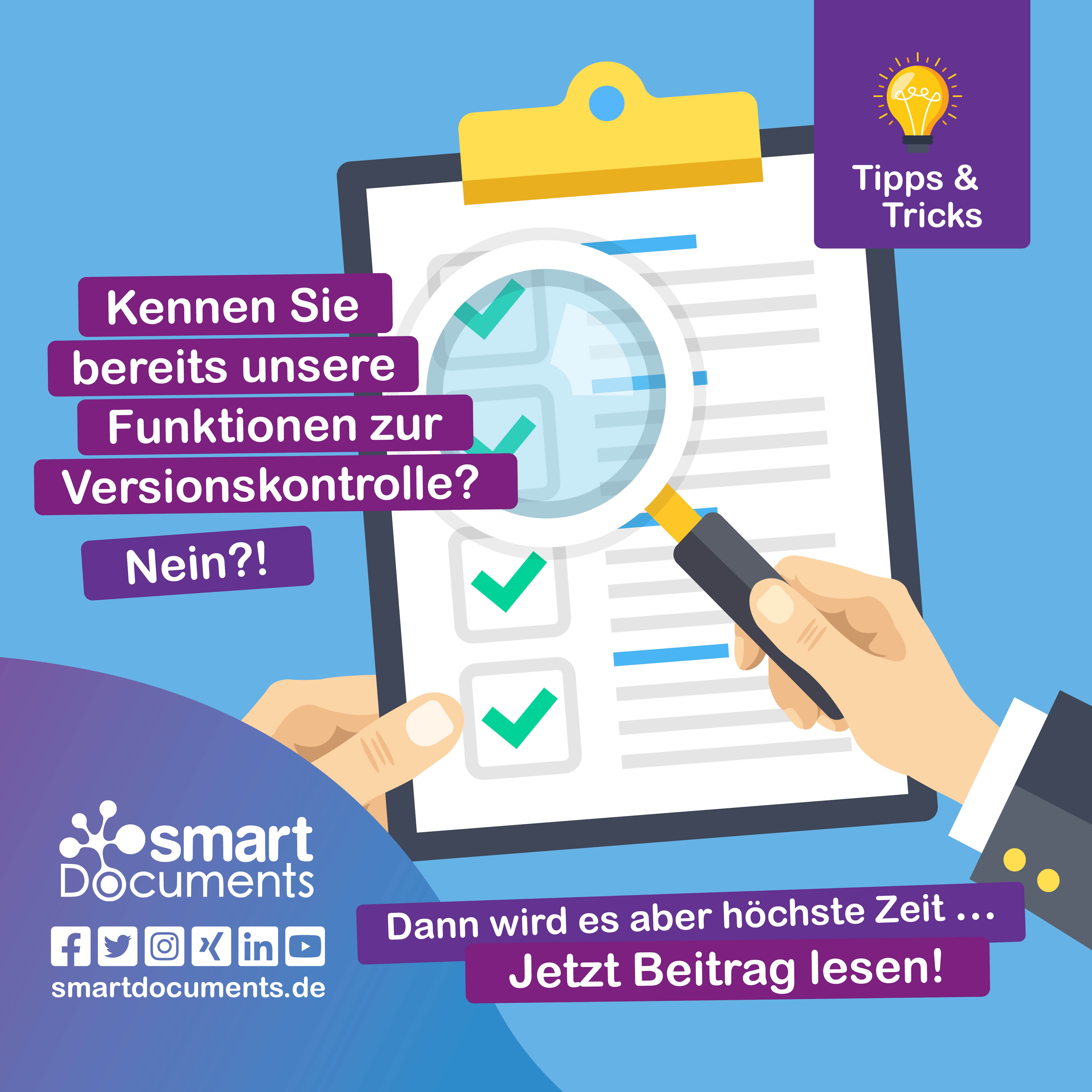 Vektorgrafik: Klemmbrett mit Dokument. Auf das Dokument wird eine Lupe gehalten.