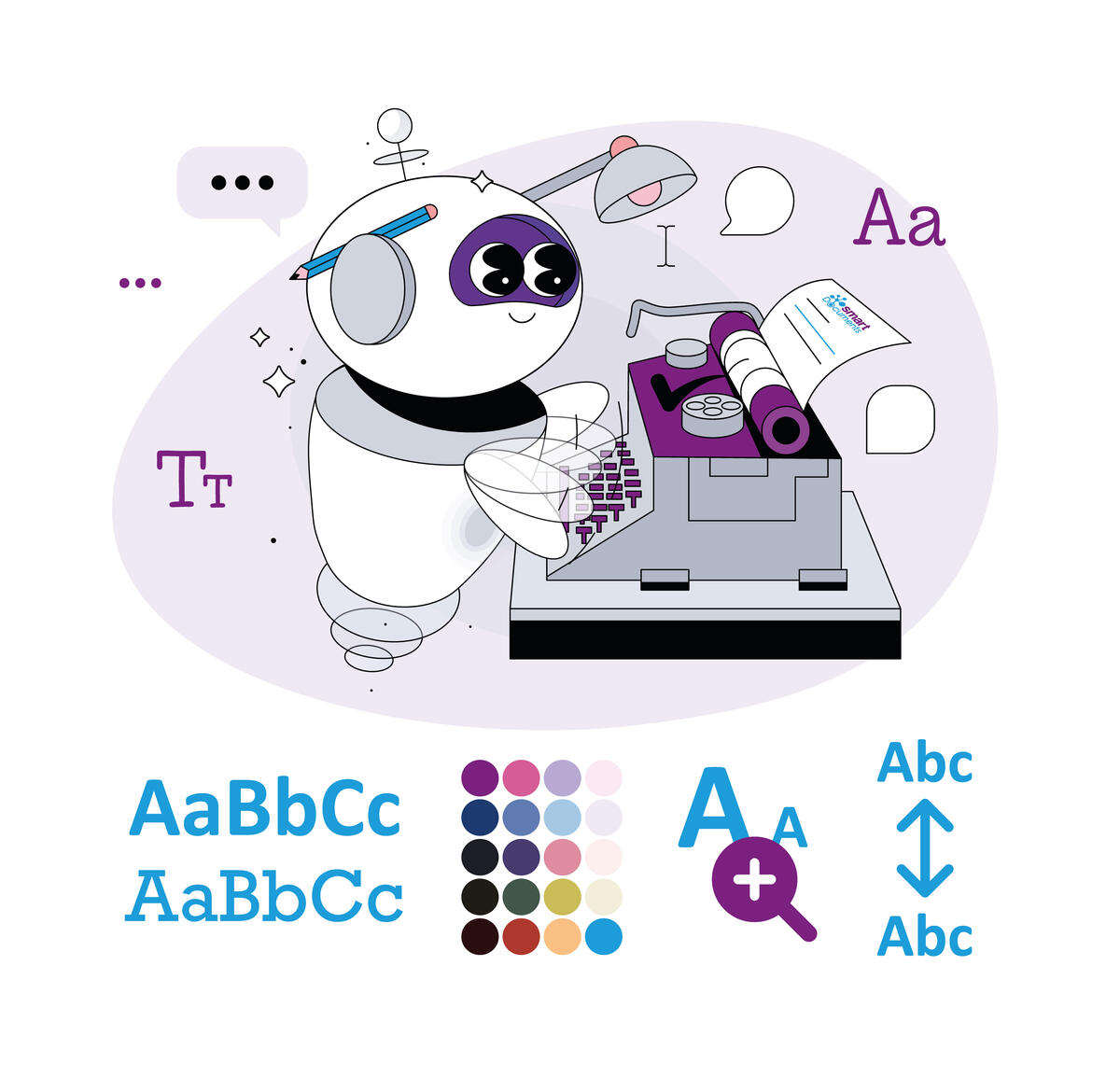 Vektorgrafik: Roboter an der Schreibmaschine, der sch&ouml;nes Dokument erstellt. Dar&uuml;ber hinaus Icons f&uuml;r Schriftart, Schriftfarbe, Schriftgr&ouml;&szlig;e und Zeilenabstand