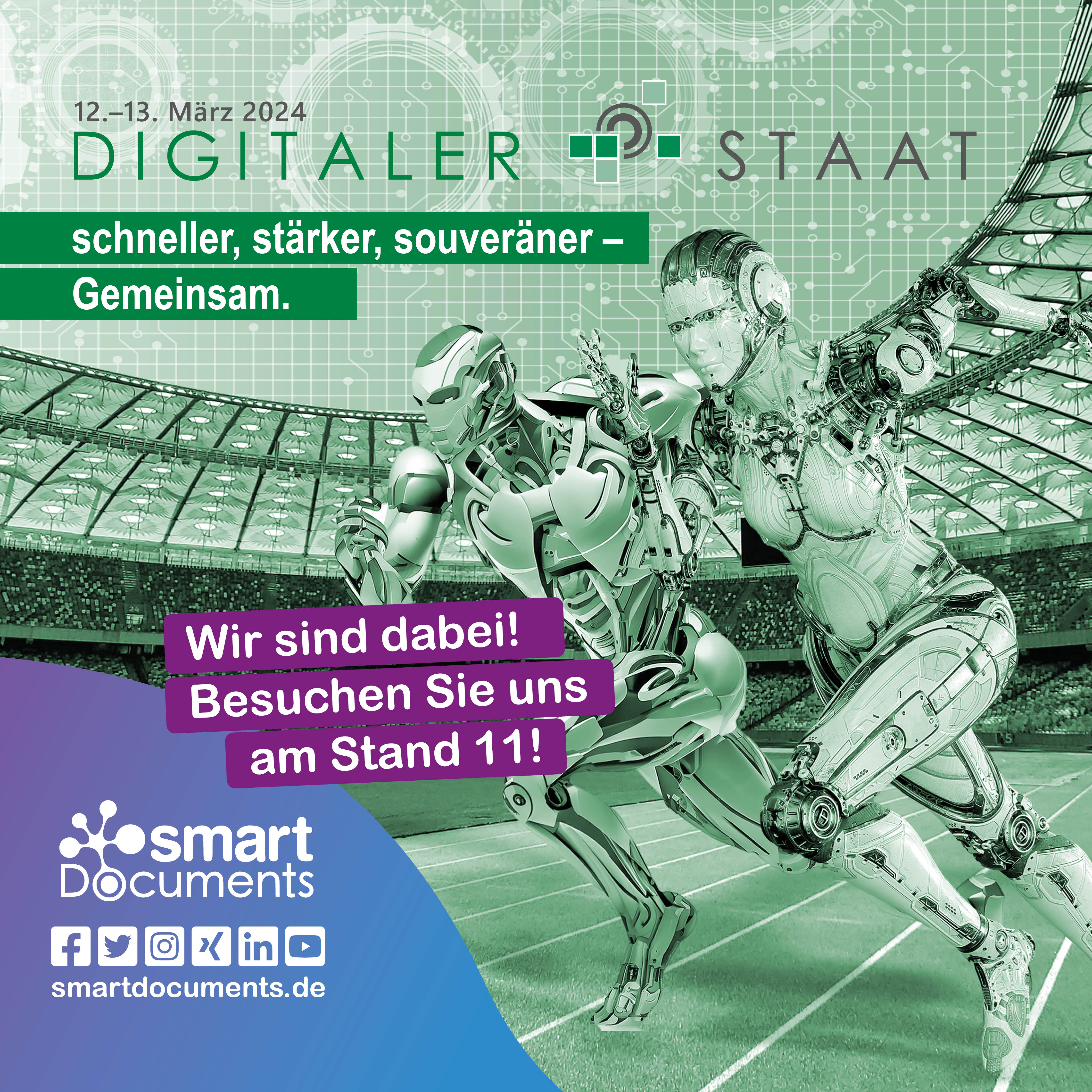 Vektorgrafik: Roboter, die in einer Arena einen Sprint laufen mit dem Logo der Veranstaltung Digitaler Staat und dem Slogan "schneller, st&auml;rker, souver&auml;ner - GEMEINSAM"