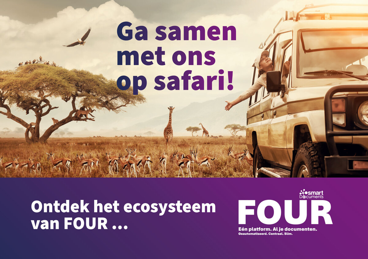 Banner voor het SmartDocuments Klantevent 2026 met een safarivoertuig, wilde dieren en de boodschap: 'Ontdek het ecosysteem van FOUR